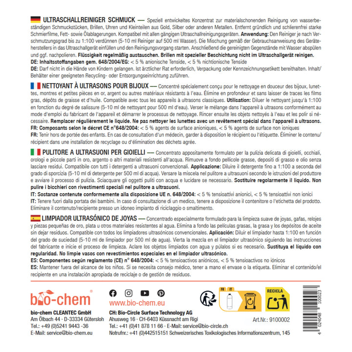 bio-chem Ultraschallreiniger Schmuck 750 ml ohne Sprühkopf mit Messbecher 