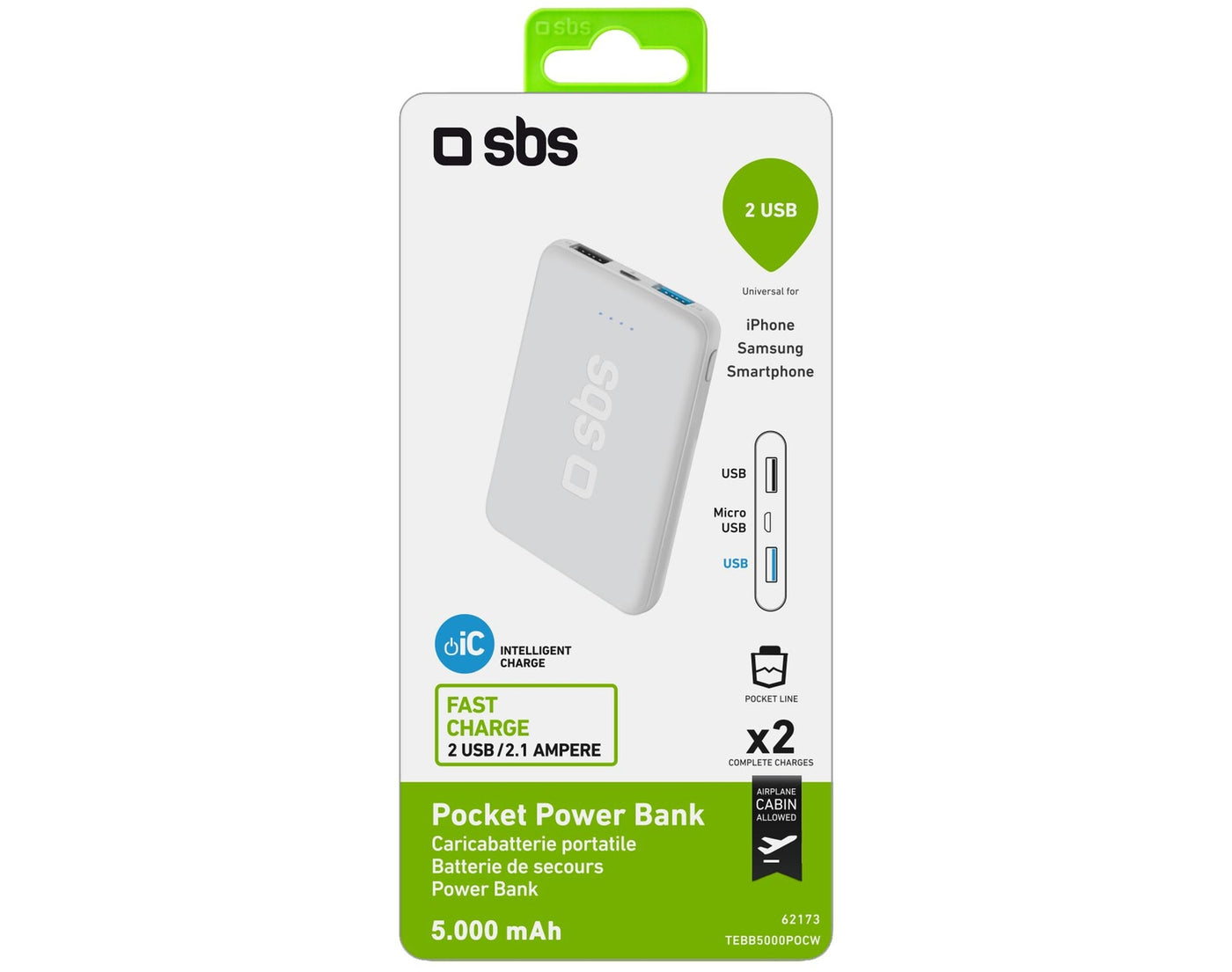 SBS - Pocket Power Bank 5000 mAh, Intelligent Charge, mit 1 Micro-USB - Garage/Velos-Motos Allemann